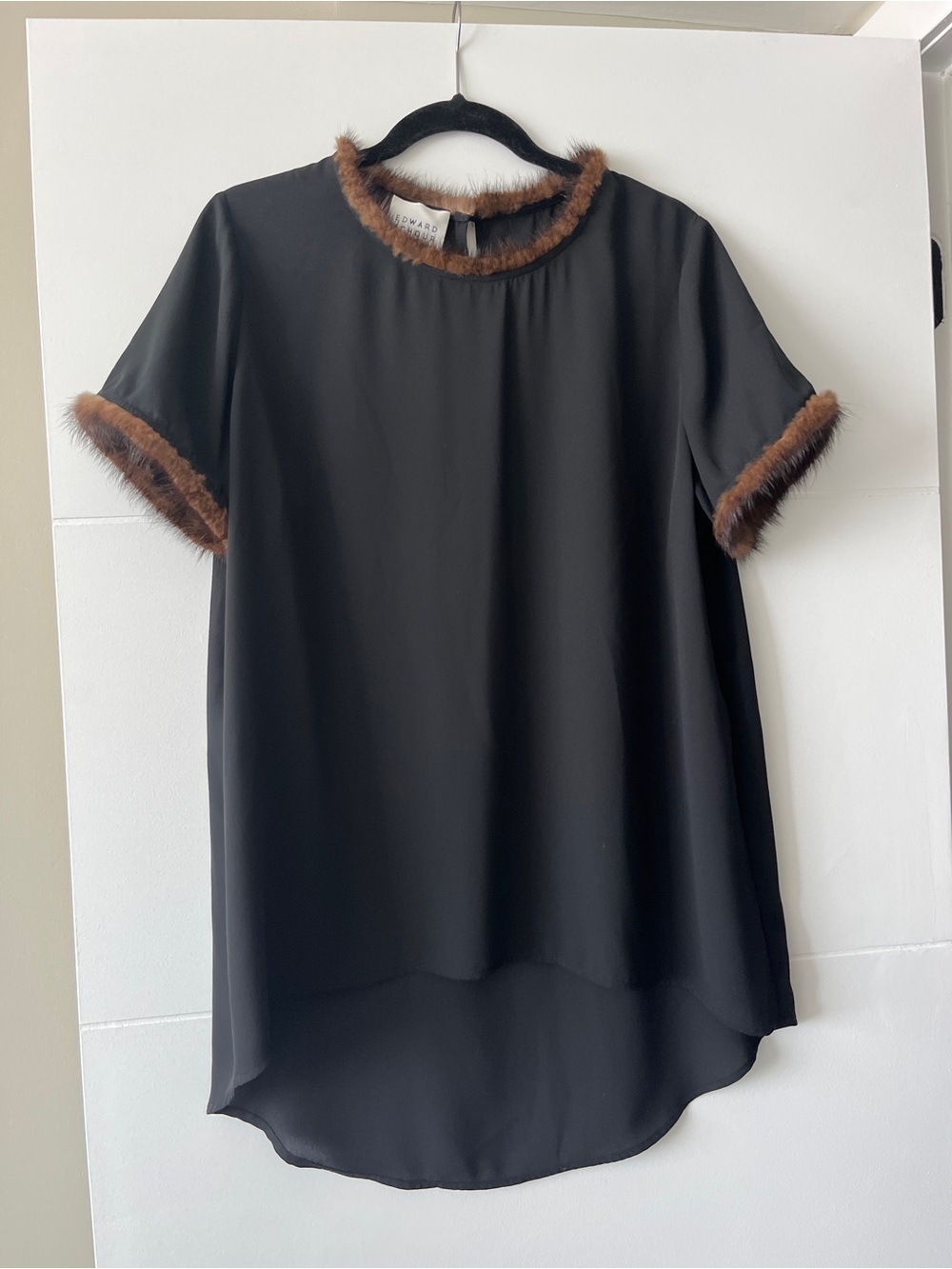 Edward Achour Paris Black Fur Trim High Low Tunic Blouse Luxury